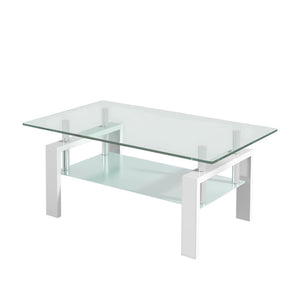 HomeRoots 39" Modern Clear Glass and White Steel Two-Tier Coffee Table with Storage Shelf for Living Spaces 635699