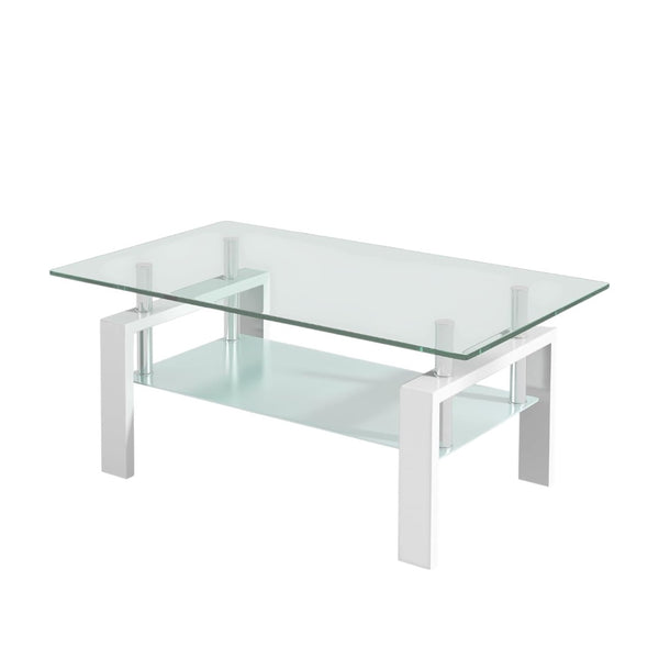 HomeRoots 39" Modern Clear Glass and White Steel Two-Tier Coffee Table with Storage Shelf for Living Spaces 635699