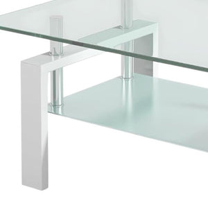 HomeRoots 39" Modern Clear Glass and White Steel Two-Tier Coffee Table with Storage Shelf for Living Spaces 635699