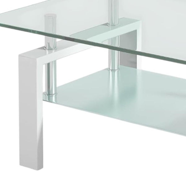 HomeRoots 39" Modern Clear Glass and White Steel Two-Tier Coffee Table with Storage Shelf for Living Spaces 635699