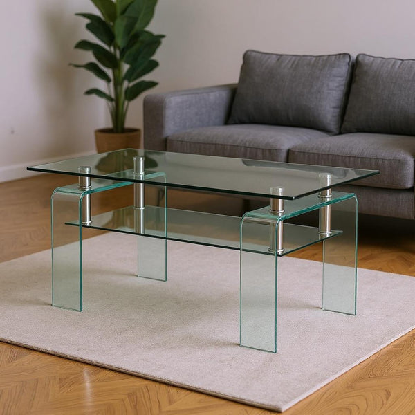 HomeRoots 39" Clear Glass Coffee Table - Modern Two-Tier Design for Stylish Display and Convenient Storage Solutions 635700