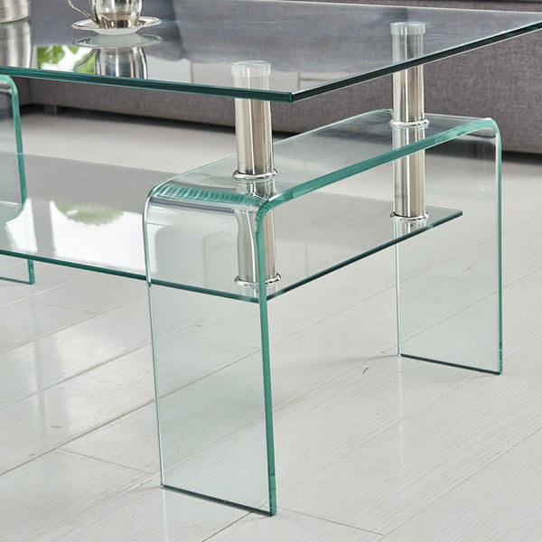HomeRoots 39" Clear Glass Coffee Table - Modern Two-Tier Design for Stylish Display and Convenient Storage Solutions 635700