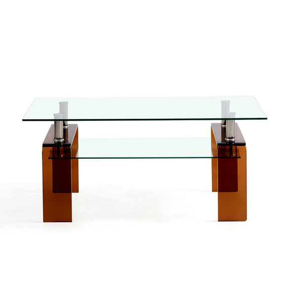HomeRoots 39" Clear Tempered Glass Coffee Table with Walnut Legs - Two-Tier Design for Modern Living Spaces 635701