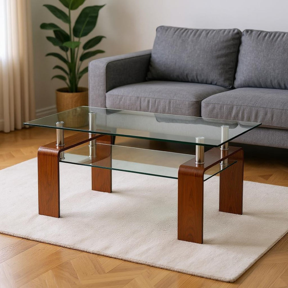 HomeRoots 39" Clear Tempered Glass Coffee Table with Walnut Legs - Two-Tier Design for Modern Living Spaces 635701
