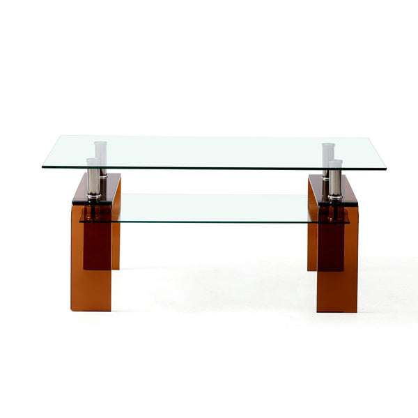 HomeRoots 39" Clear Tempered Glass Coffee Table with Walnut Legs - Two-Tier Design for Modern Living Spaces 635701