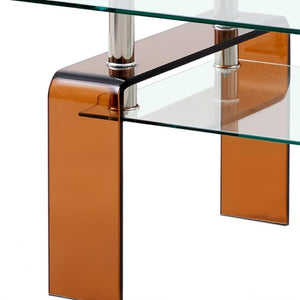 HomeRoots 39" Clear Tempered Glass Coffee Table with Walnut Legs - Two-Tier Design for Modern Living Spaces 635701