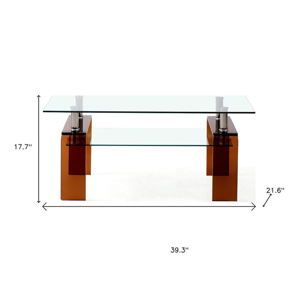 HomeRoots 39" Clear Tempered Glass Coffee Table with Walnut Legs - Two-Tier Design for Modern Living Spaces 635701