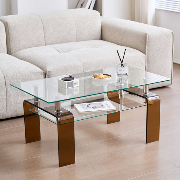 HomeRoots 39" Clear Tempered Glass Coffee Table with Walnut Legs - Two-Tier Design for Modern Living Spaces 635701