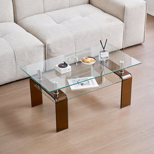 HomeRoots 39" Clear Tempered Glass Coffee Table with Walnut Legs - Two-Tier Design for Modern Living Spaces 635701