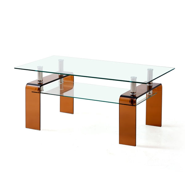 HomeRoots 39" Clear Tempered Glass Coffee Table with Walnut Legs - Two-Tier Design for Modern Living Spaces 635701
