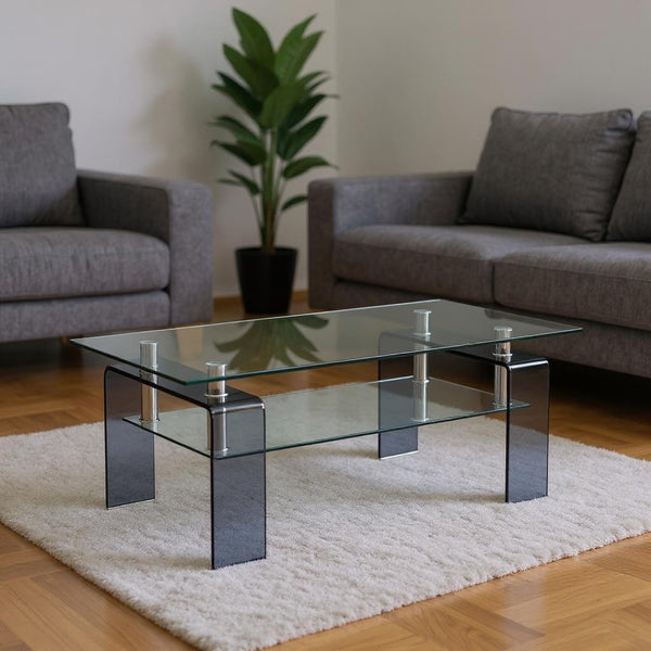 HomeRoots 39" Modern Two-Tier Clear Glass Coffee Table with Black Shelf - Stylish & Versatile for Any Room 635702