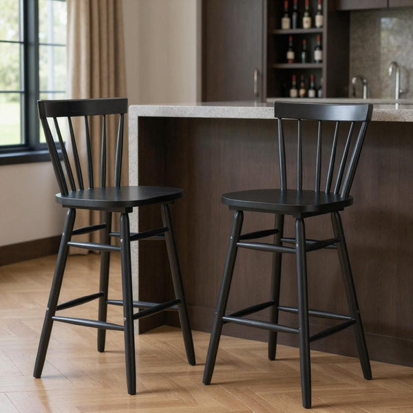 HomeRoots Set of Two Stylish Black Solid Wood Low Back Bar Chairs for Contemporary Spaces and Comfort 635705
