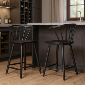 HomeRoots Set of Two Stylish Black Solid Wood Low Back Bar Chairs for Comfort in Home or Commercial Spaces 635706