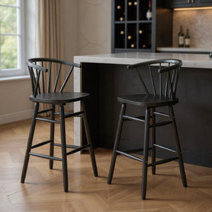 HomeRoots Set of Two Stylish Black Solid Wood Low Back Bar Chairs with Ergonomic Comfort for Any Space 635707