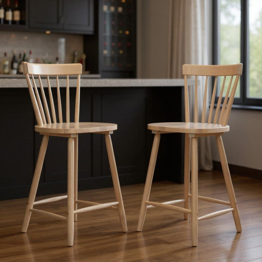 HomeRoots Set of Two Natural Solid Wood Bar Chairs - Modern Low Back Design with Ergonomic Comfort & Style 635708