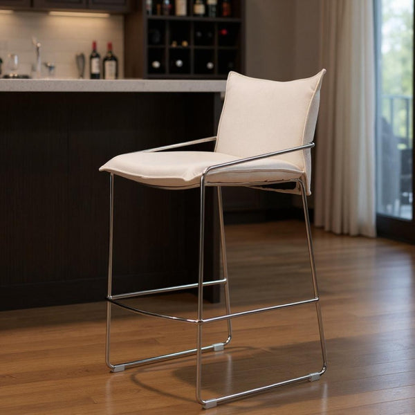 HomeRoots White Wood and Fabric Bar Chair – Stylish, Comfortable Seating with Armrests for Home Bars & Kitchens 635714