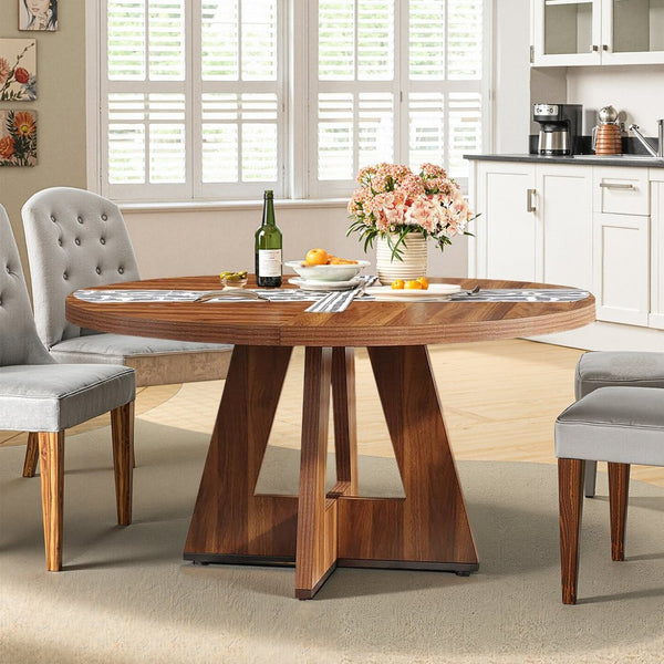 HomeRoots 47" Brown Solid Wood Round Dining Table with Pedestal Base – Timeless Design for Elegant Gatherings 635744