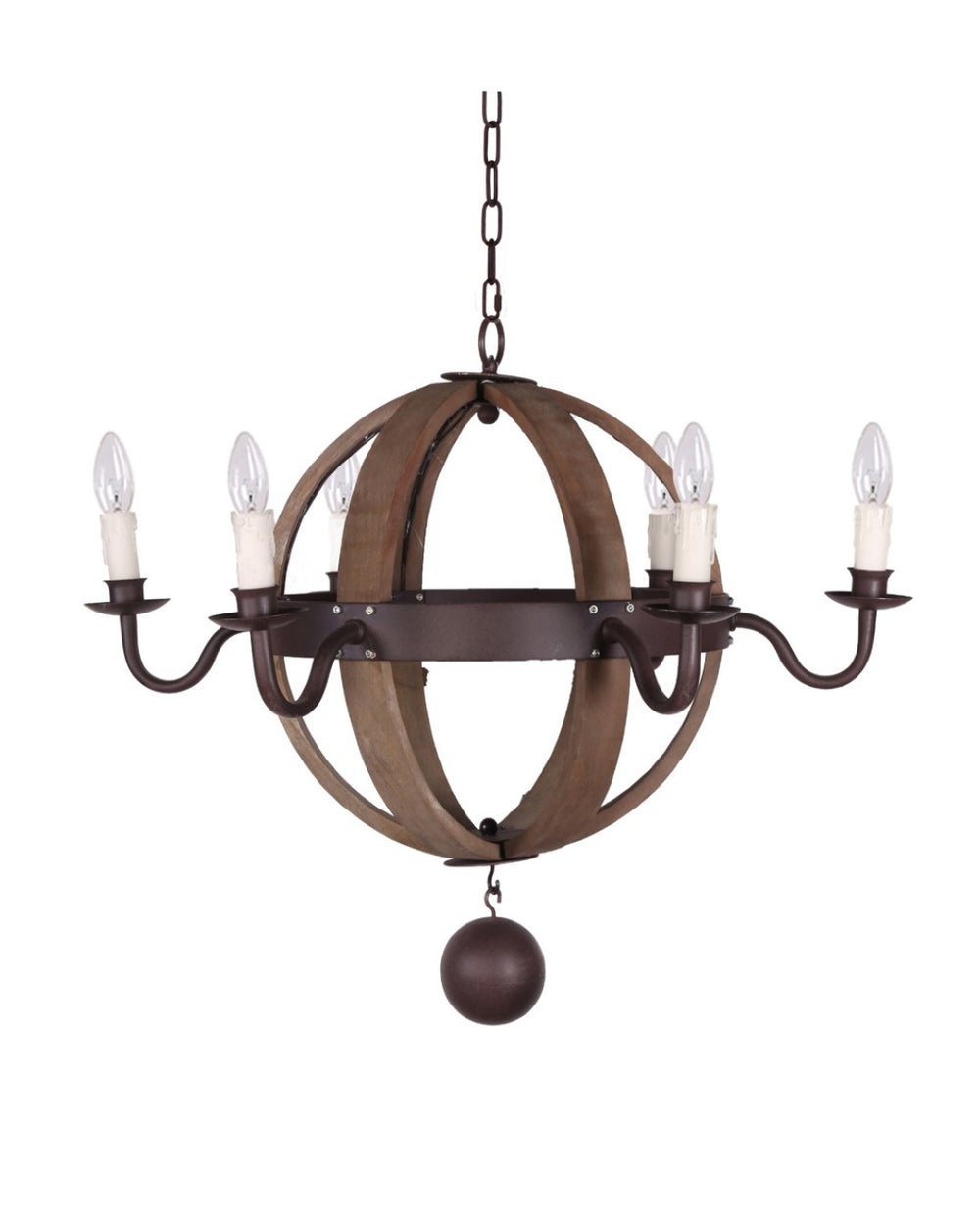 HomeRoots Brown Wood and Metal Sphere Chandelier – 6-Light Dimmable Fixture for Rustic Farmhouse Elegance 635746