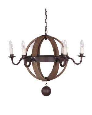 HomeRoots Brown Wood and Metal Sphere Chandelier – 6-Light Dimmable Fixture for Rustic Farmhouse Elegance 635746