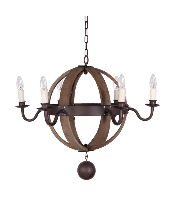 HomeRoots Brown Wood and Metal Sphere Chandelier – 6-Light Dimmable Fixture for Rustic Farmhouse Elegance 635746