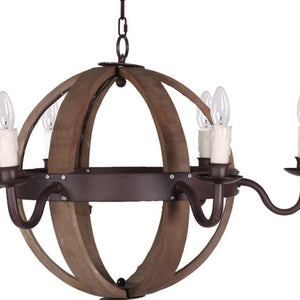 HomeRoots Brown Wood and Metal Sphere Chandelier – 6-Light Dimmable Fixture for Rustic Farmhouse Elegance 635746