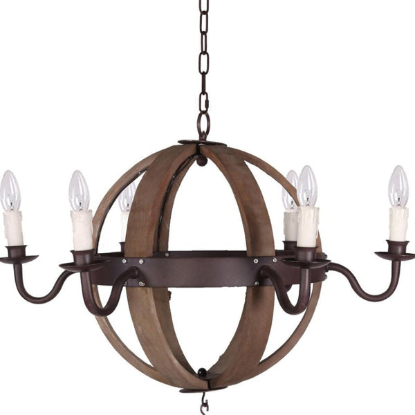 HomeRoots Brown Wood and Metal Sphere Chandelier – 6-Light Dimmable Fixture for Rustic Farmhouse Elegance 635746