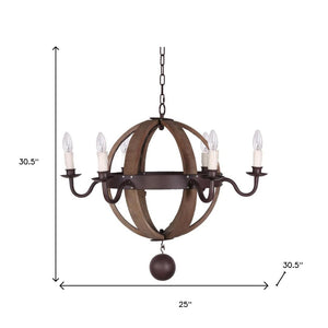 HomeRoots Brown Wood and Metal Sphere Chandelier – 6-Light Dimmable Fixture for Rustic Farmhouse Elegance 635746