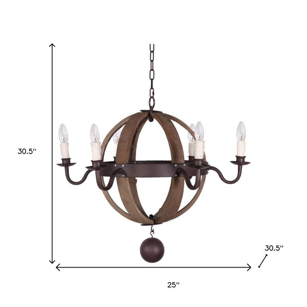 HomeRoots Brown Wood and Metal Sphere Chandelier – 6-Light Dimmable Fixture for Rustic Farmhouse Elegance 635746