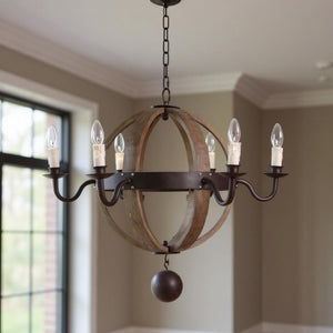 HomeRoots Brown Wood and Metal Sphere Chandelier – 6-Light Dimmable Fixture for Rustic Farmhouse Elegance 635746