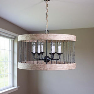 HomeRoots Black Cylinder Chandelier: Six-Light Dimmable Design with Rustic Wood & Modern Metal Accents 635747