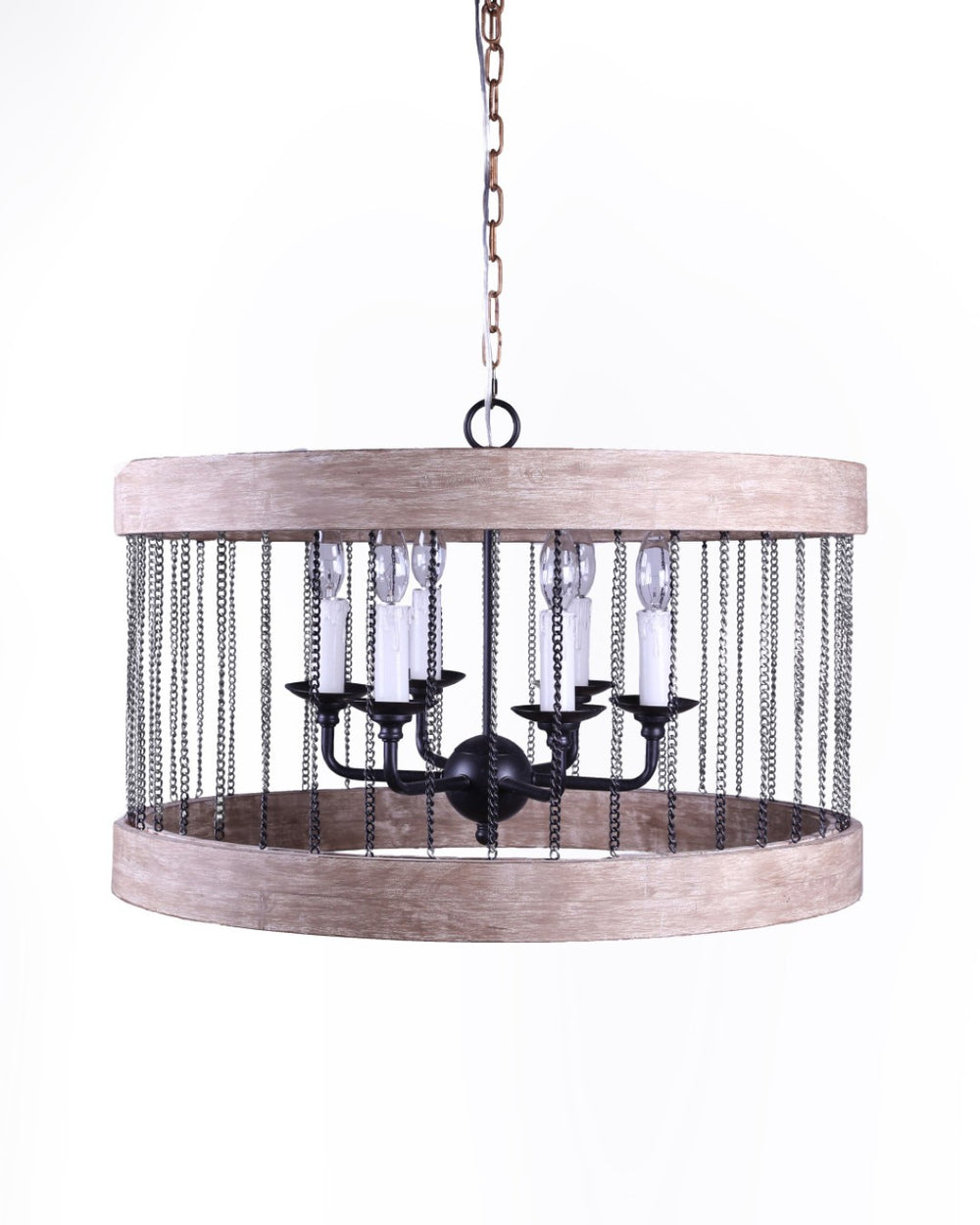 HomeRoots Black Cylinder Chandelier: Six-Light Dimmable Design with Rustic Wood & Modern Metal Accents 635747