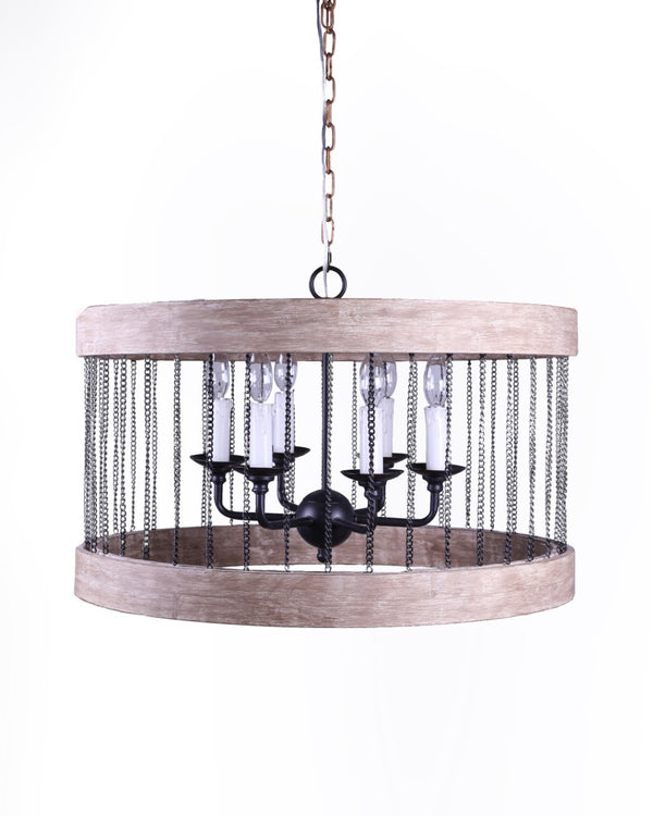 HomeRoots Black Cylinder Chandelier: Six-Light Dimmable Design with Rustic Wood & Modern Metal Accents 635747