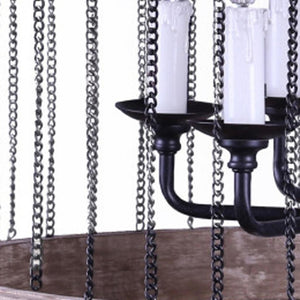 HomeRoots Black Cylinder Chandelier: Six-Light Dimmable Design with Rustic Wood & Modern Metal Accents 635747