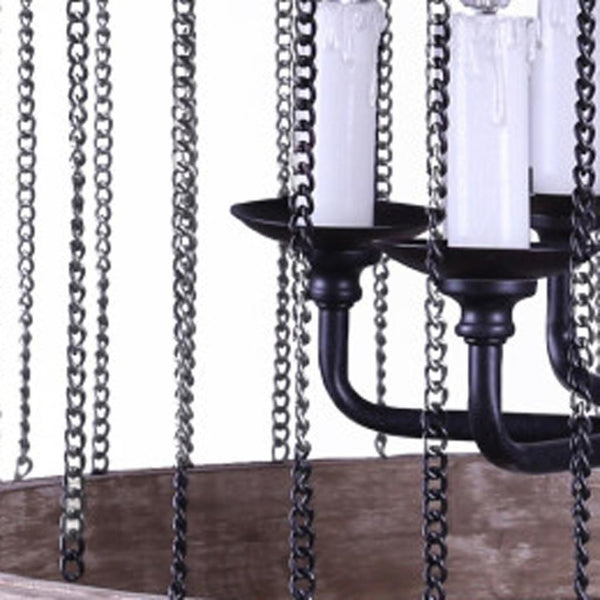 HomeRoots Black Cylinder Chandelier: Six-Light Dimmable Design with Rustic Wood & Modern Metal Accents 635747