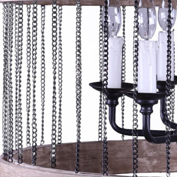 HomeRoots Black Cylinder Chandelier: Six-Light Dimmable Design with Rustic Wood & Modern Metal Accents 635747