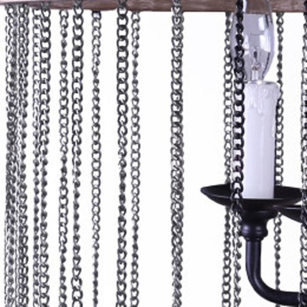 HomeRoots Black Cylinder Chandelier: Six-Light Dimmable Design with Rustic Wood & Modern Metal Accents 635747