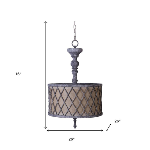 HomeRoots Gray Distressed Galvanized Metal Dimmable Chandelier with Natural Burlap Shade for Rustic Charm 635748