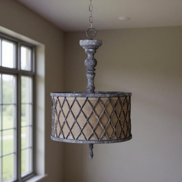 HomeRoots Gray Distressed Galvanized Metal Dimmable Chandelier with Natural Burlap Shade for Rustic Charm 635748