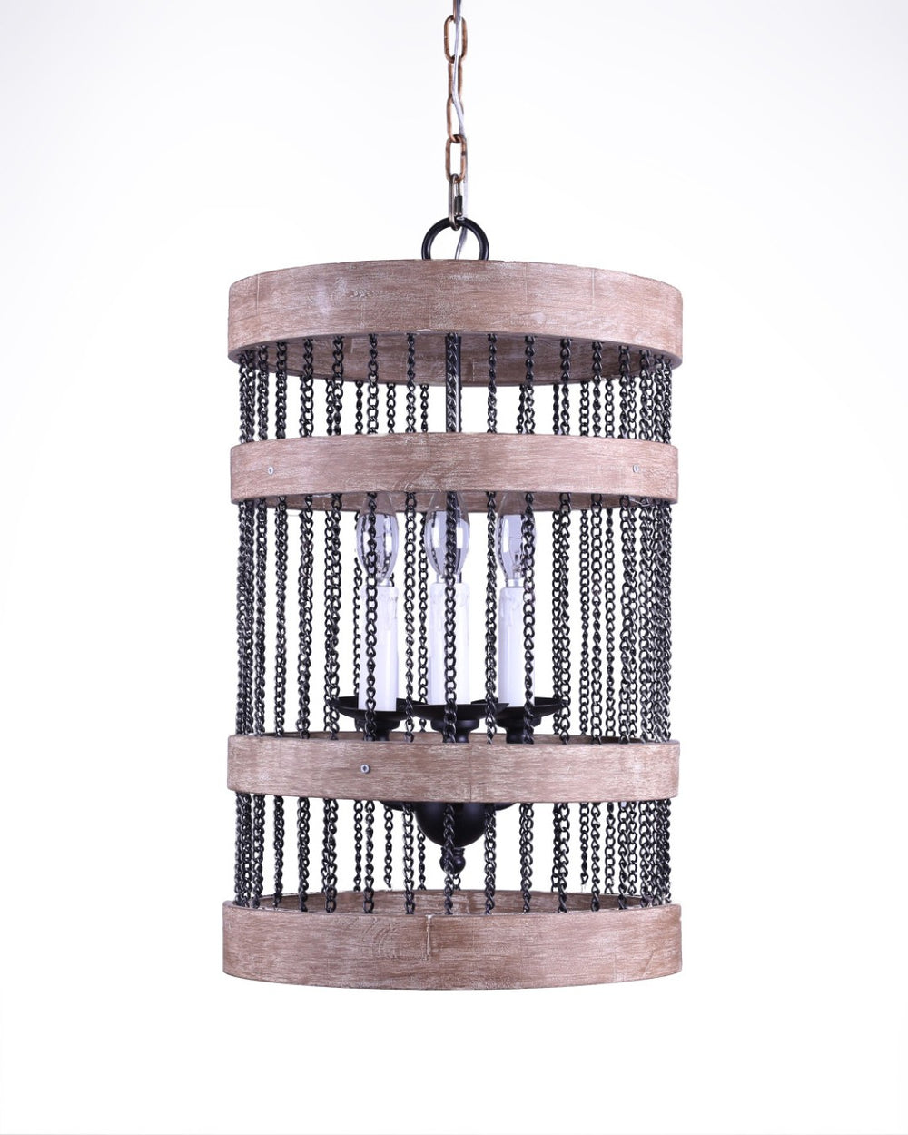 HomeRoots Black Rustic-Modern Wood and Metal Cylinder Chandelier with Dimmable Three-Light Candelabra Design 635749