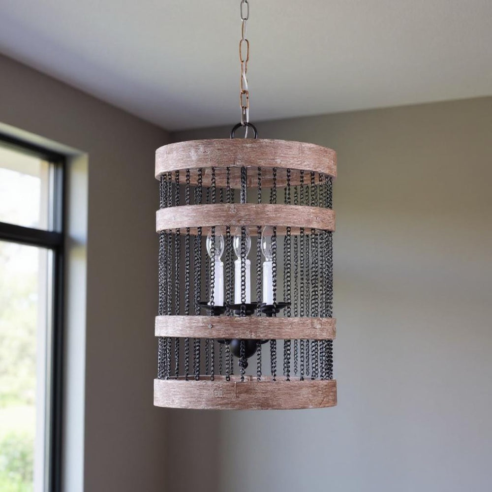 HomeRoots Black Rustic-Modern Wood and Metal Cylinder Chandelier with Dimmable Three-Light Candelabra Design 635749