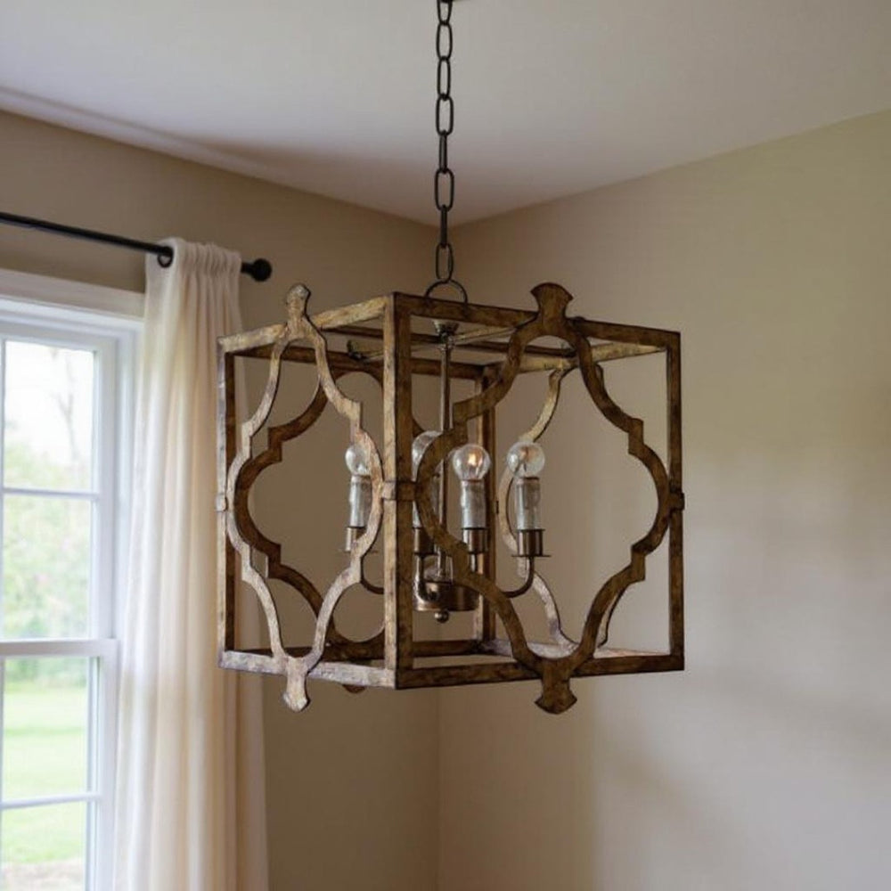 HomeRoots Brown Square Metal Dimmable Chandelier - Modern Geometry with Distressed Finish for Any Space 635750