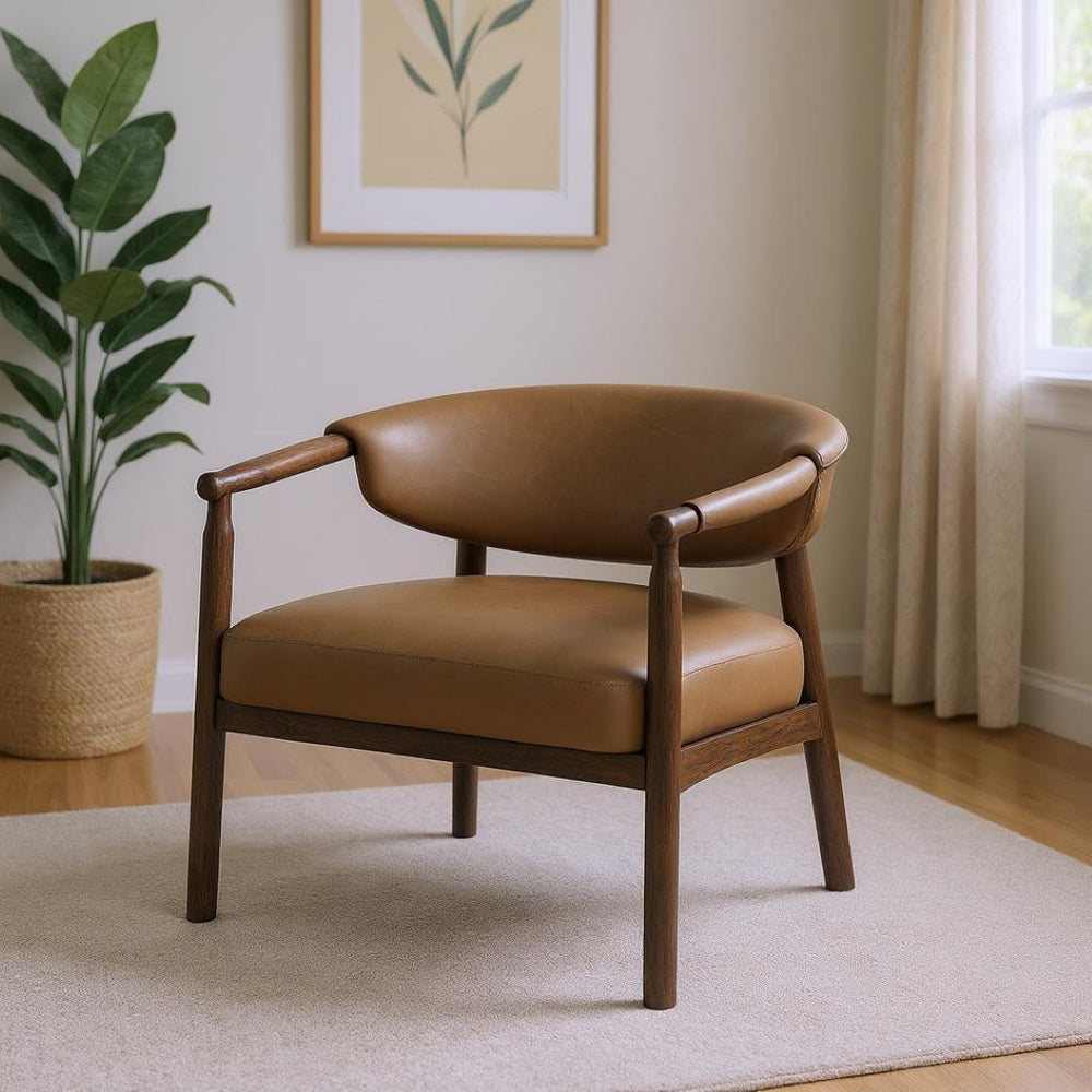 HomeRoots 33" Brown and Dark Brown Faux Leather Arm Chair - Mid-Century Modern Design for Living Spaces 635751