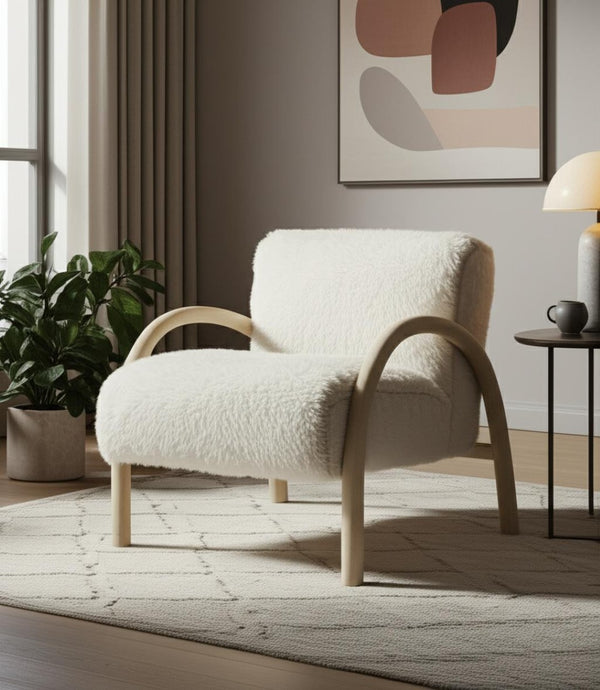 HomeRoots 30" Off White Faux Fur Accent Chair with Natural Wood Frame for Modern Boho Chic Style Upgrade 635752