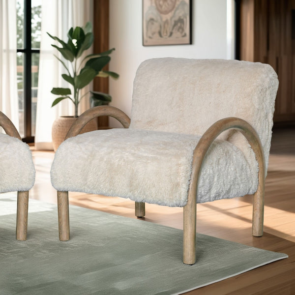 HomeRoots 30" Off White Faux Fur Accent Chair with Natural Wood Frame for Modern Boho Chic Style Upgrade 635752