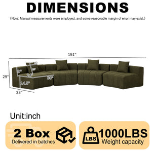 English Elm Two Curved Chenille Sectional Sofa with Sculptural Modular Design and Four Throw Pillows Green W834S00577