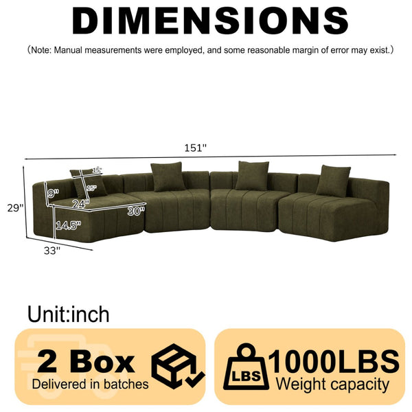 English Elm Two Curved Chenille Sectional Sofa with Sculptural Modular Design and Four Throw Pillows Green W834S00577
