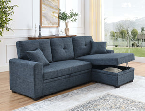English Elm Upholstered Sleeper Sofa with Chaise & Under-Seat Storage, Reversible L/R, Modern Compact Design Blue B355S00006