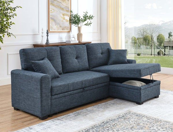 English Elm Upholstered Sleeper Sofa with Chaise & Under-Seat Storage, Reversible L/R, Modern Compact Design Blue B355S00006
