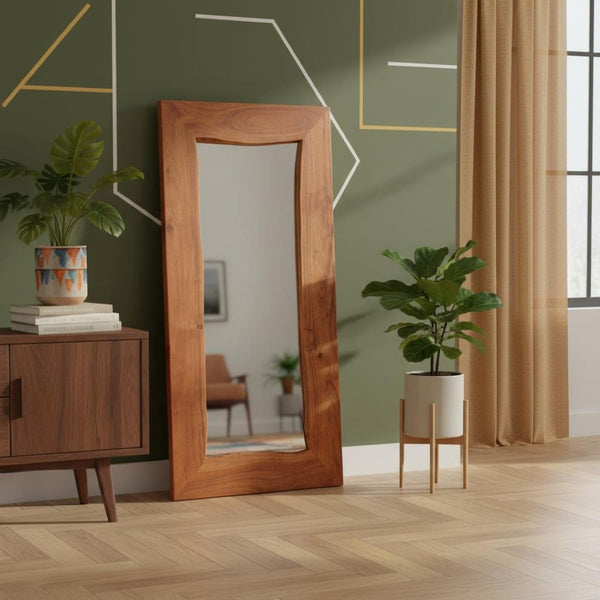 HomeRoots 24" Brown Solid Wood Accent Mirror - Versatile Design for Wall Mount or Freestanding Display 635806