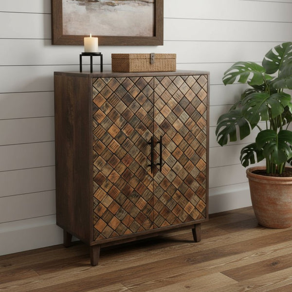 HomeRoots 36" Brown Solid Wood Carved Sideboard with Geometric Design, Ample Storage & Mid-Century Modern Style 635809